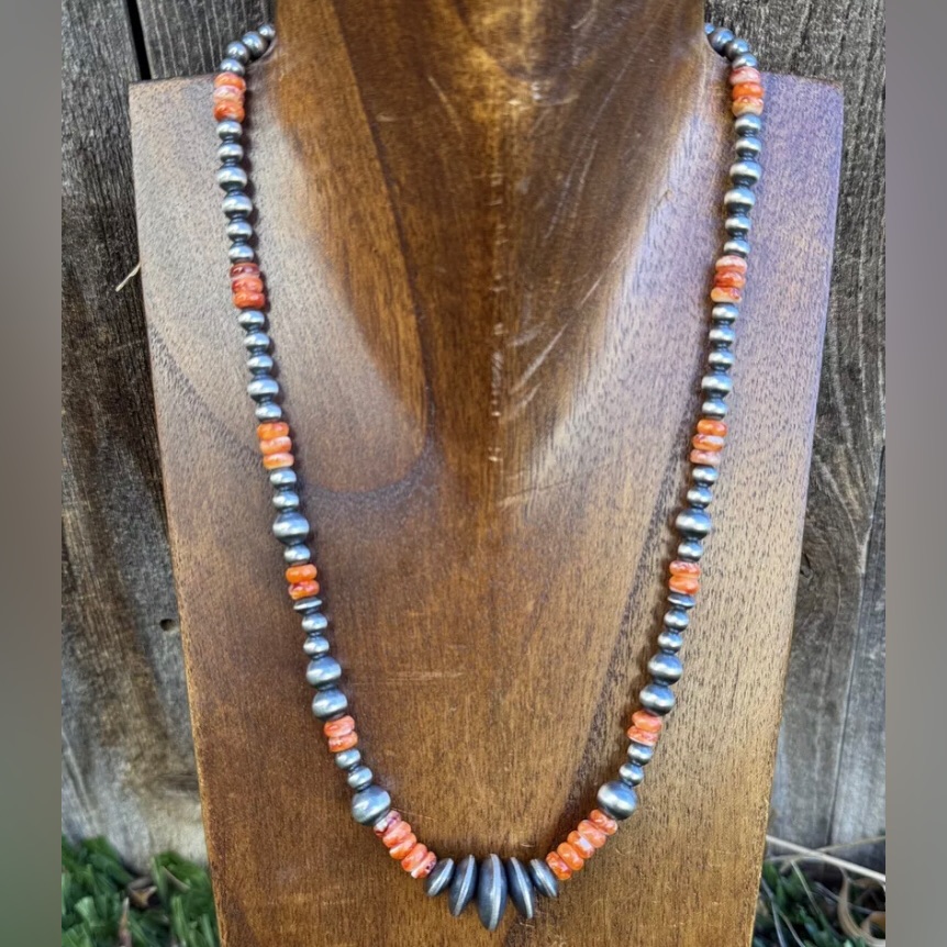 Sterling Silver Multi Bead Orange Spiny Oyster W Pearls Bead Necklace 18 Inch